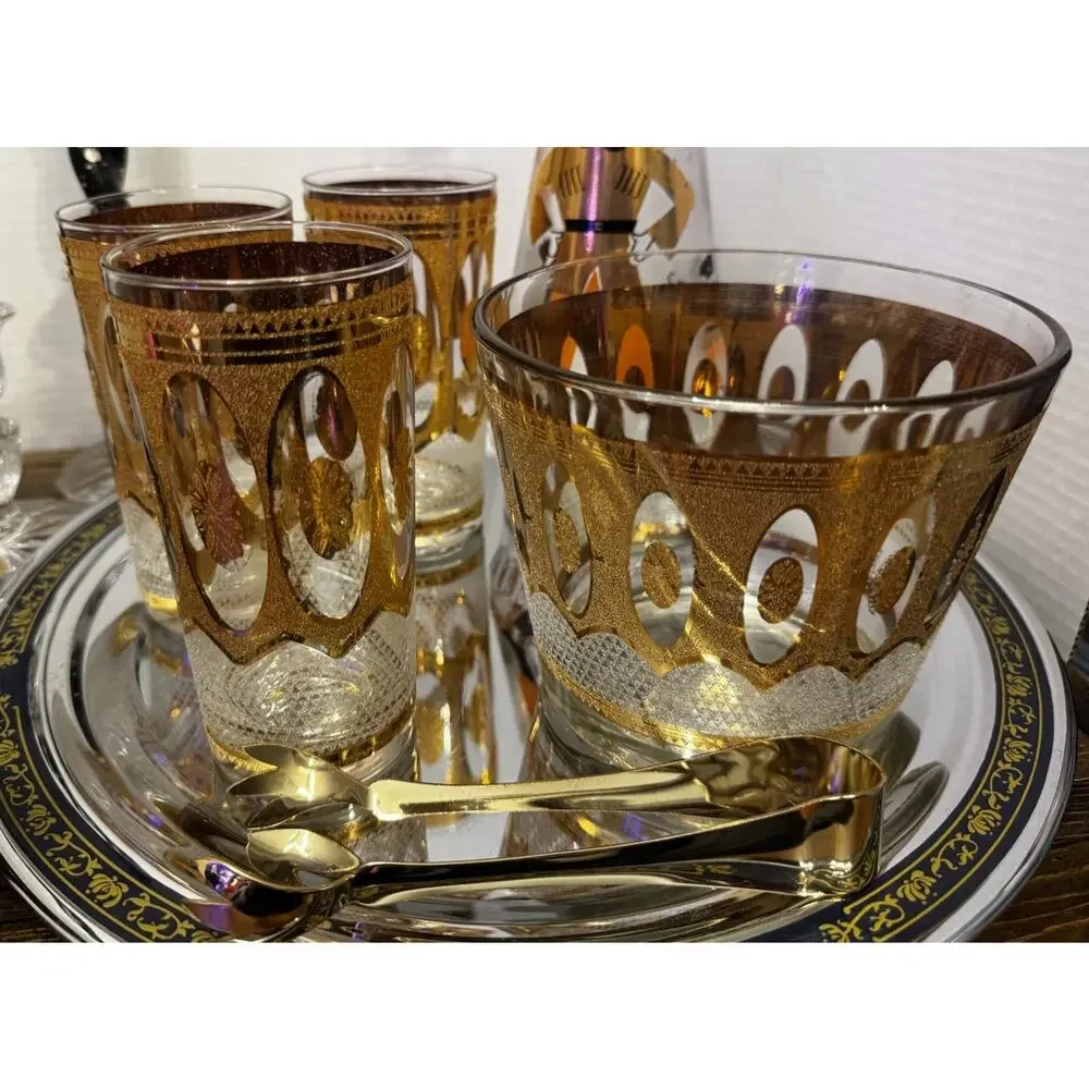 Vintage Gold MCM Libby Bar Set | 3 Glasses | Ice Bucket | Atomic Era | Mad Men